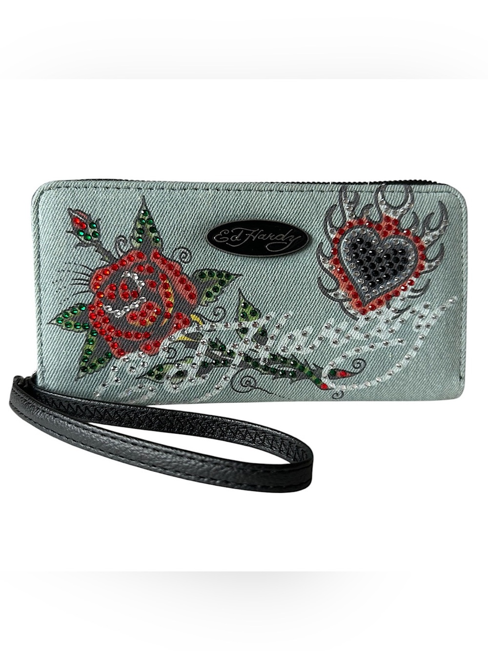 NWT Ed Hardy Y2K Denim Blue Rhinestone Rose Heart Zip Around Wallet Wristlet